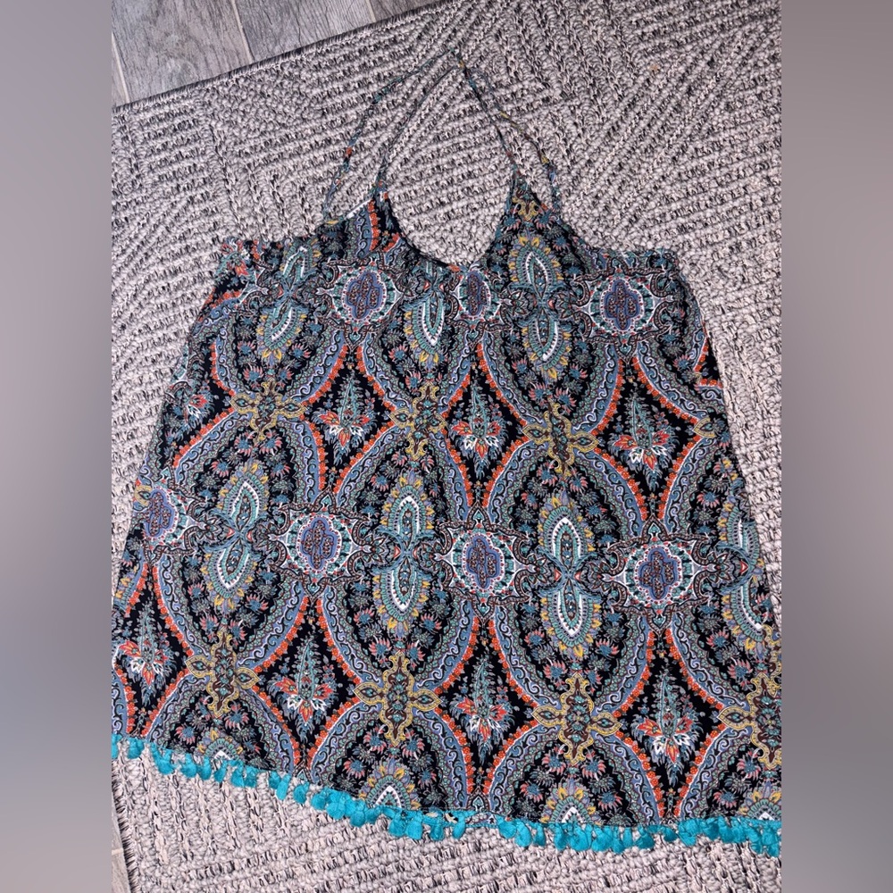 Umgee Blue and Orange Graphic Sleeveless Mini Dress babydoll summer with fringe